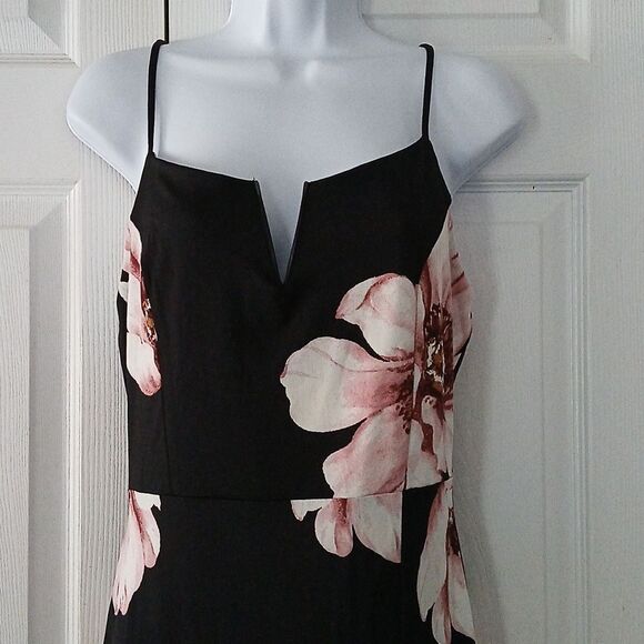 Blashe black floral print maxi spaghetti dress high slit on one side Sz L NWT - Picture 3 of 6